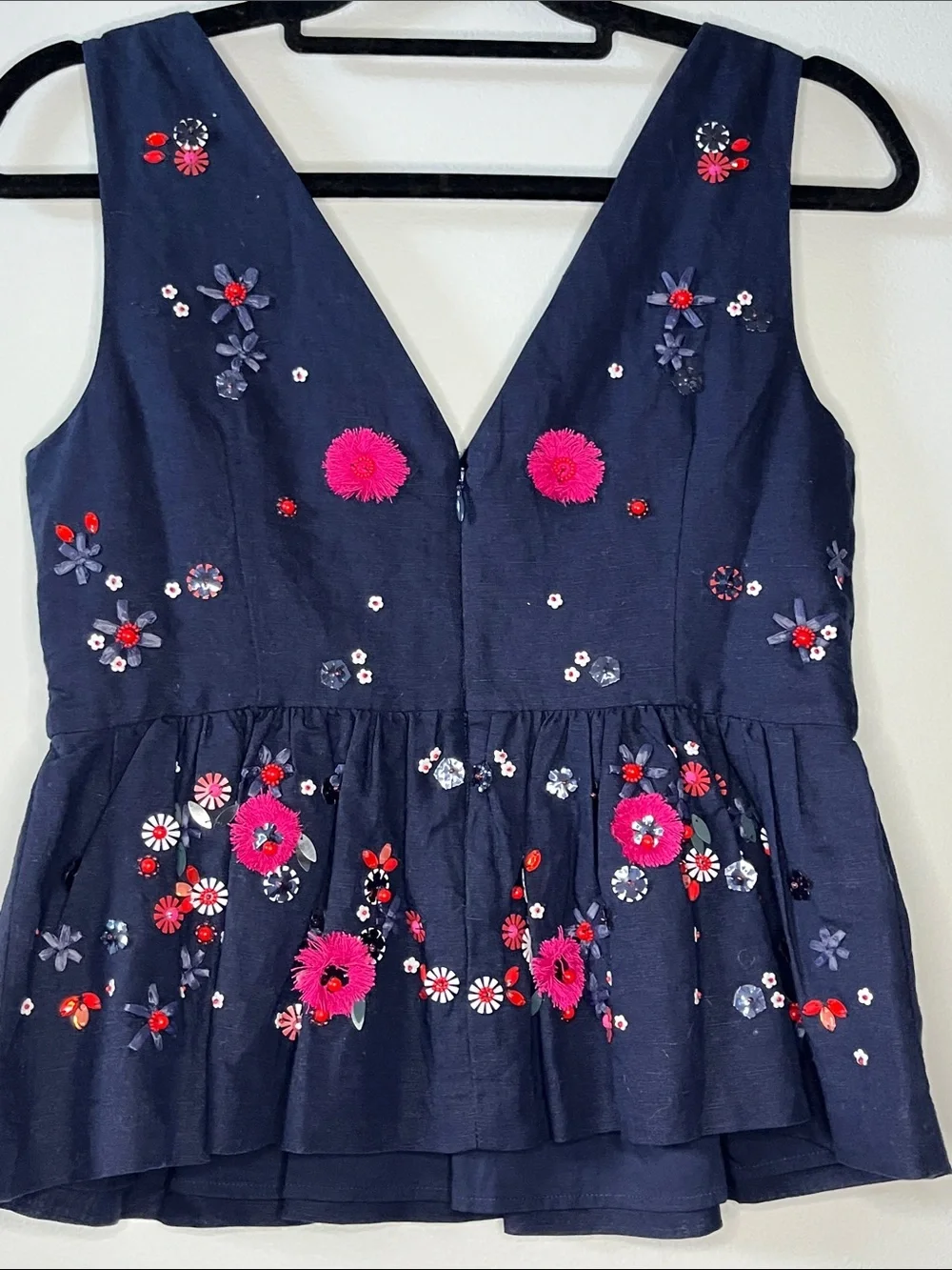 NWT J. crew navy blue embellished beaded floral peplum top zip close V-neck